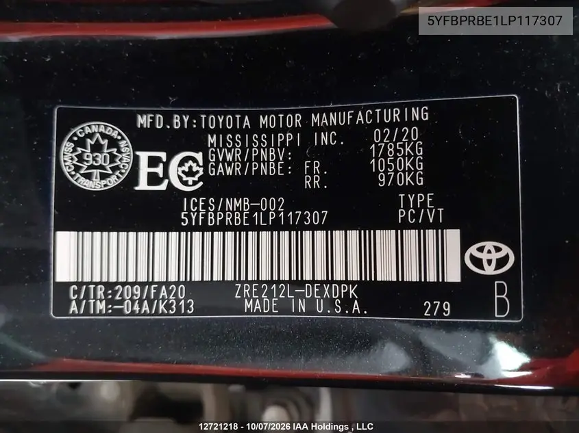 2020 TOYOTA COROLLA VIN 5YFBPRBE1LP117307 — фото 9