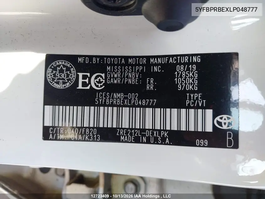2020 TOYOTA COROLLA VIN 5YFBPRBEXLP048777 — фото 9