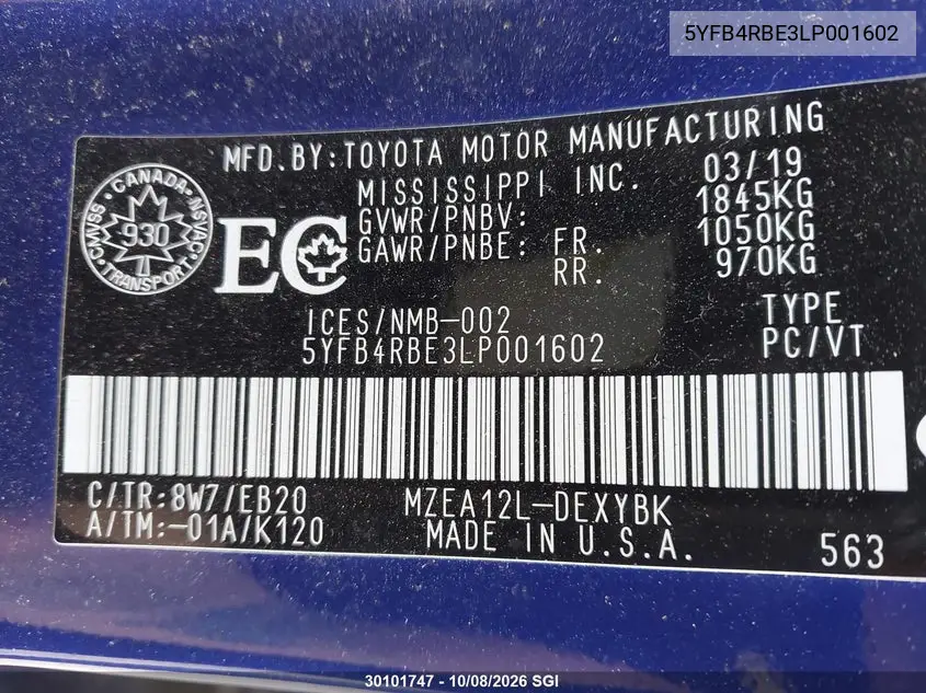 2020 TOYOTA COROLLA VIN 5YFB4RBE3LP001602 — фото 9