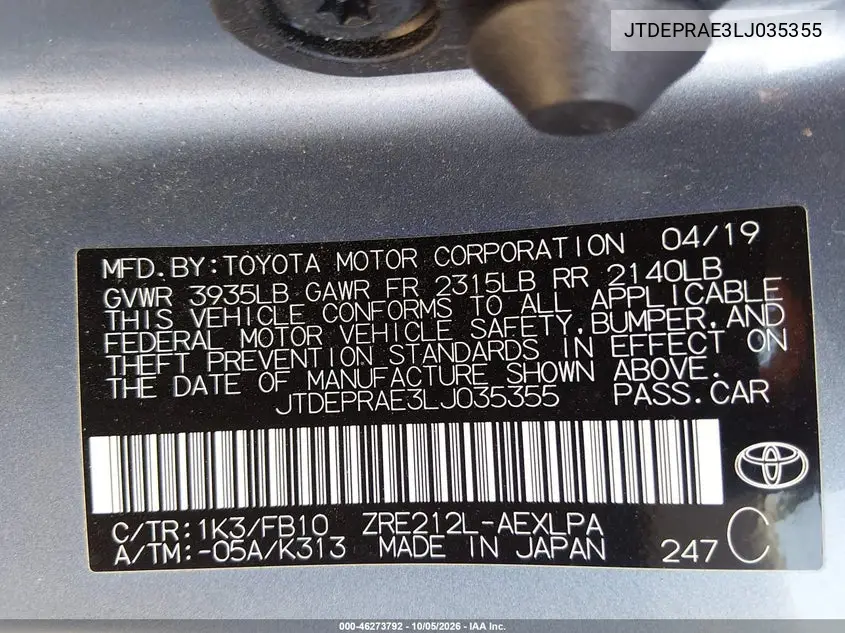 2020 TOYOTA COROLLA VIN JTDEPRAE3LJ035355 — фото 9