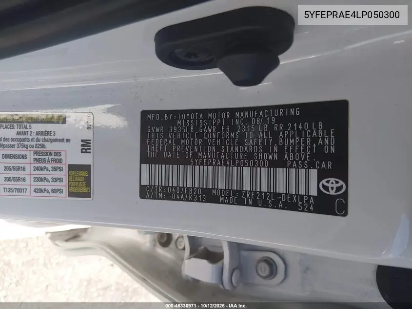 2020 TOYOTA COROLLA VIN 5YFEPRAE4LP050300 — фото 9