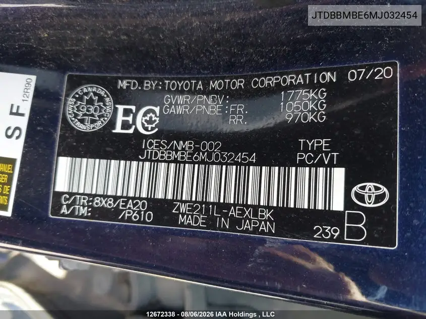 2021 TOYOTA COROLLA VIN JTDBBMBE6MJ032454 — фото 9
