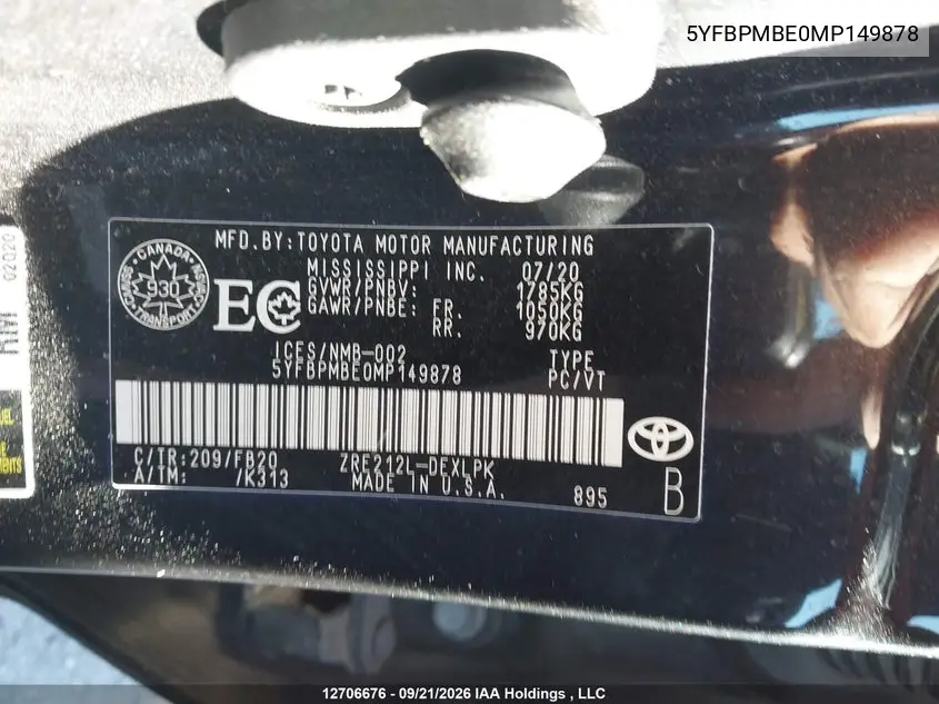 2021 TOYOTA COROLLA VIN 5YFBPMBE0MP149878 — фото 19