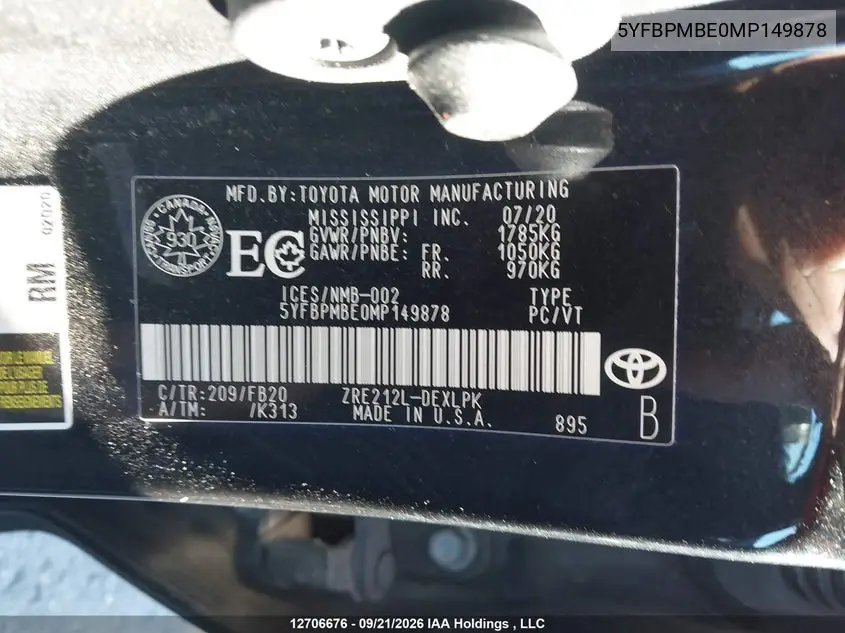 2021 TOYOTA COROLLA VIN 5YFBPMBE0MP149878 — фото 9