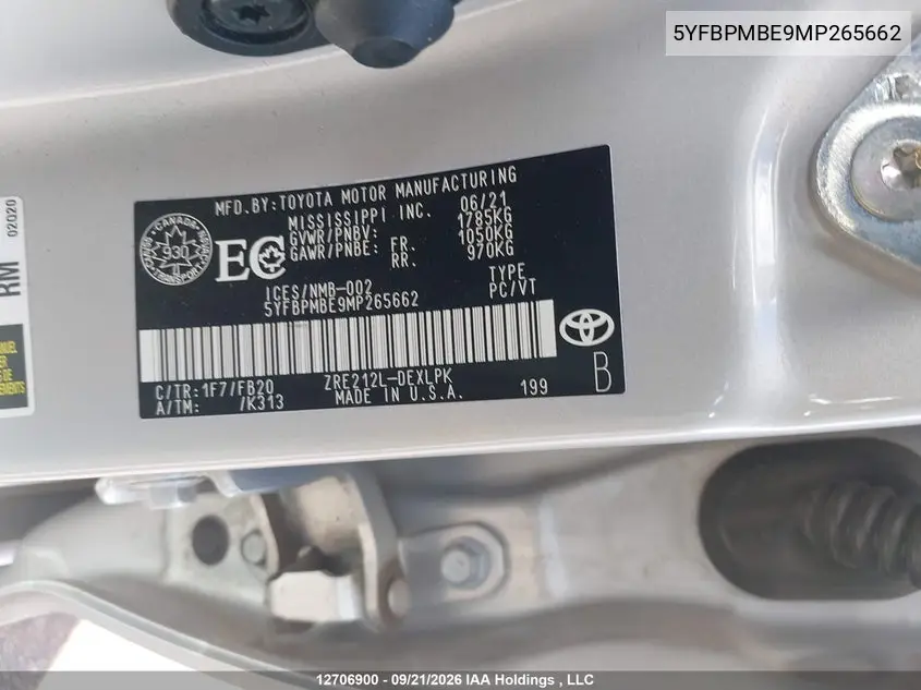 2021 TOYOTA COROLLA VIN 5YFBPMBE9MP265662 — фото 9