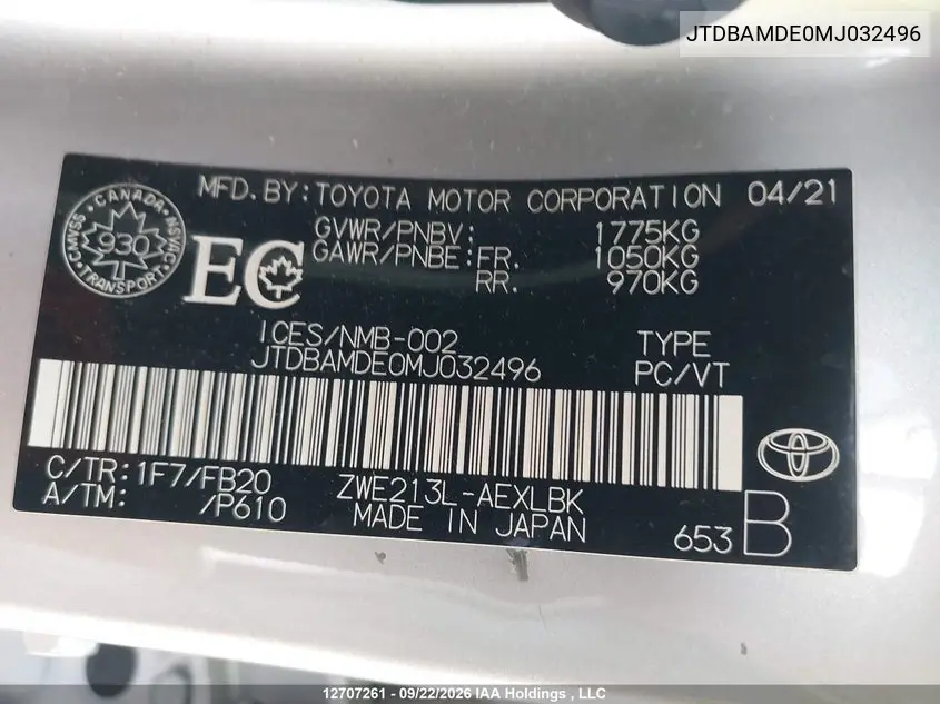 2021 TOYOTA COROLLA VIN JTDBAMDE0MJ032496 — фото 21