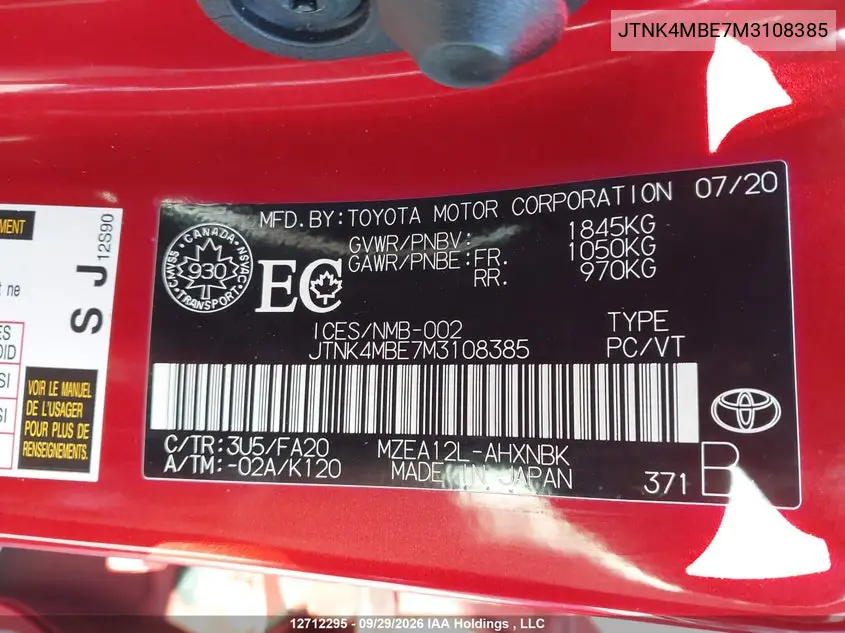 2021 TOYOTA COROLLA VIN JTNK4MBE7M3108385 — фото 9