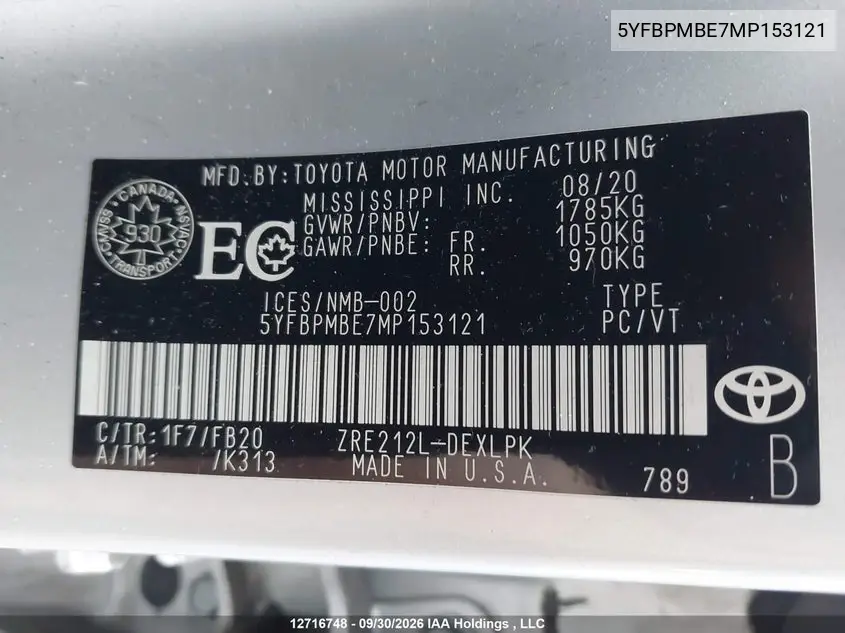 2021 TOYOTA COROLLA VIN 5YFBPMBE7MP153121 — фото 20