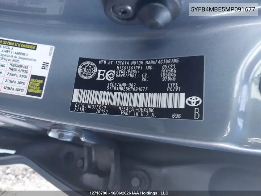 2021 TOYOTA COROLLA VIN 5YFB4MBE5MP091677 — фото 9