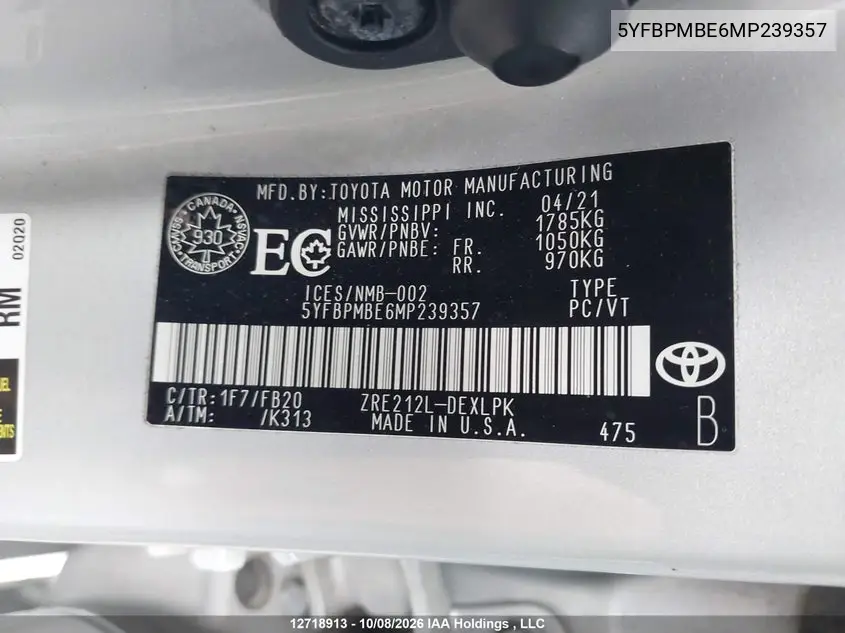 2021 TOYOTA COROLLA VIN 5YFBPMBE6MP239357 — фото 19