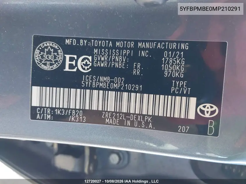 2021 TOYOTA COROLLA VIN 5YFBPMBE0MP210291 — фото 9