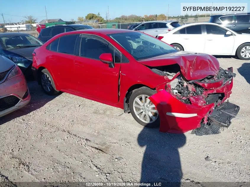 TOYOTA COROLLA 2021, VIN 5YFBPMBE9MP192227