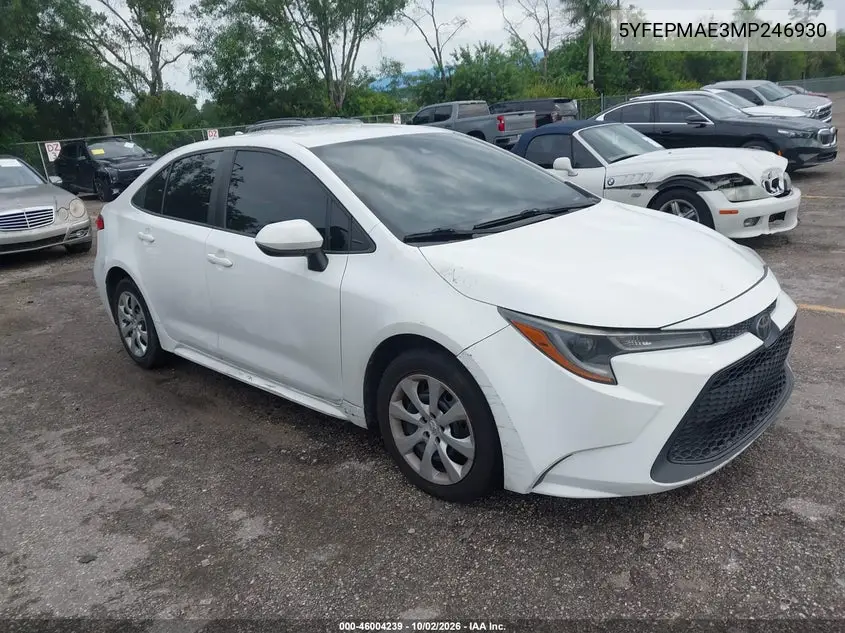TOYOTA COROLLA 2021, VIN 5YFEPMAE3MP246930