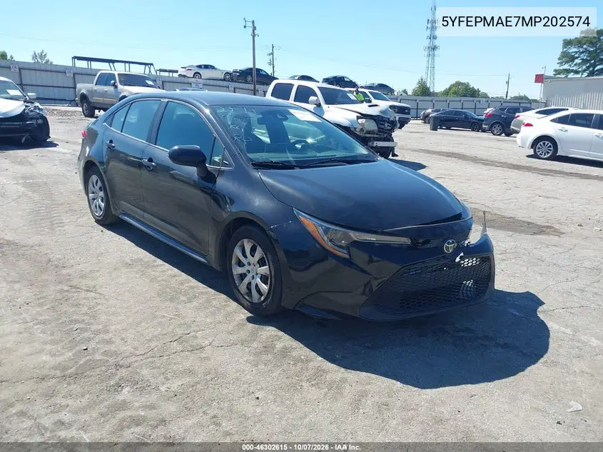 TOYOTA COROLLA 2021, VIN 5YFEPMAE7MP202574
