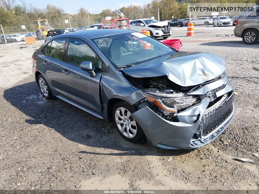TOYOTA COROLLA 2021, VIN 5YFEPMAEXMP178058