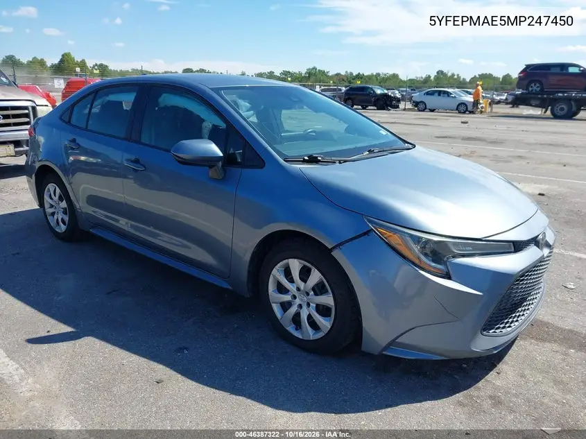 TOYOTA COROLLA 2021, VIN 5YFEPMAE5MP247450