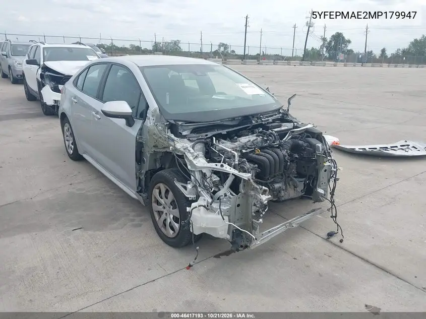 TOYOTA COROLLA 2021, VIN 5YFEPMAE2MP179947