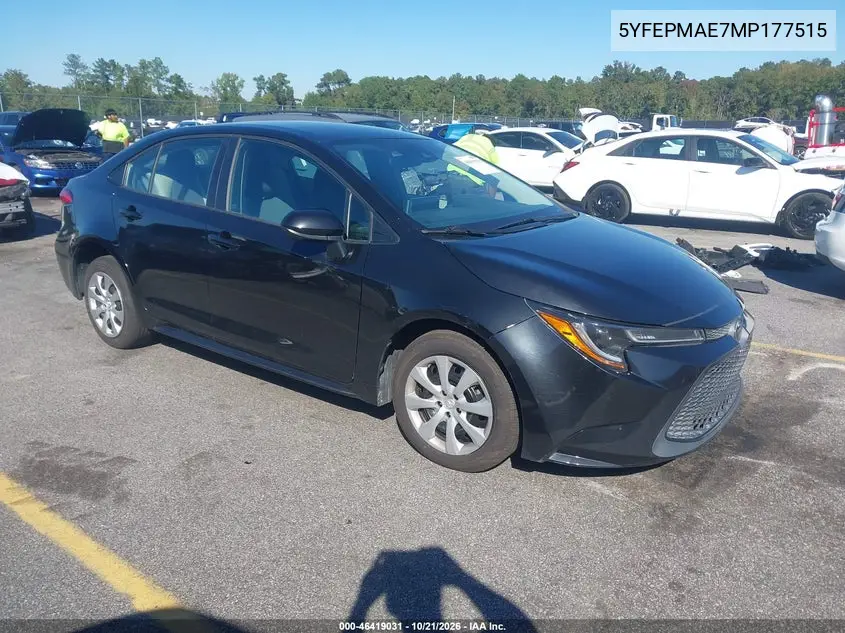 TOYOTA COROLLA 2021, VIN 5YFEPMAE7MP177515