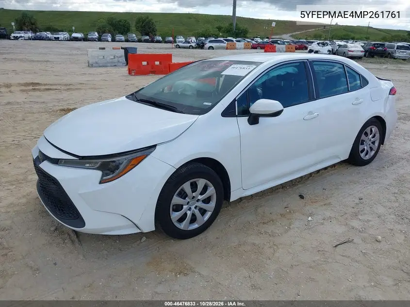 2021 TOYOTA COROLLA VIN 5YFEPMAE4MP261761 — фото 2