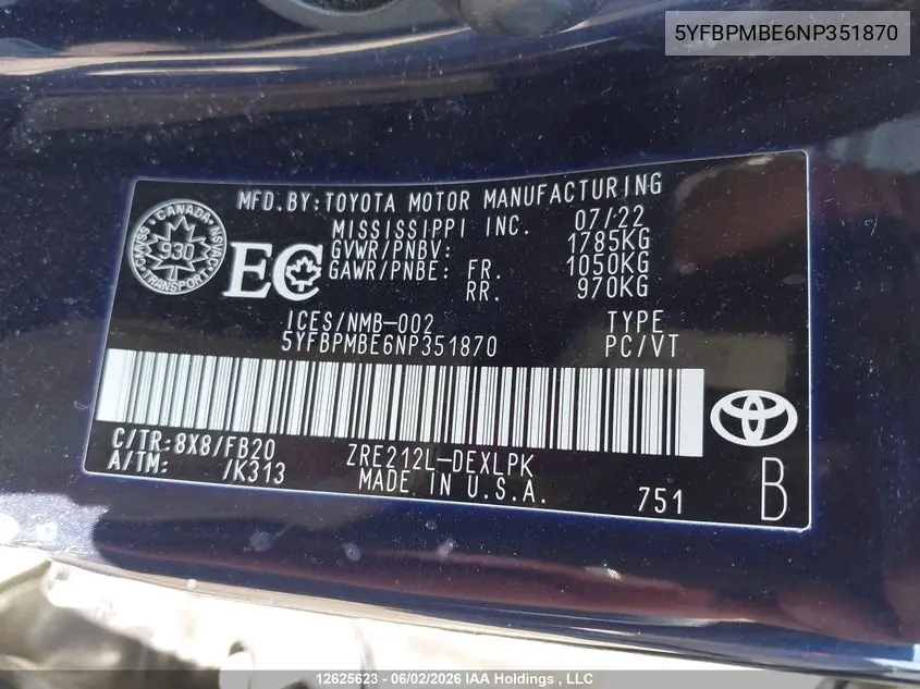 2022 TOYOTA COROLLA VIN 5YFBPMBE6NP351870 — фото 9