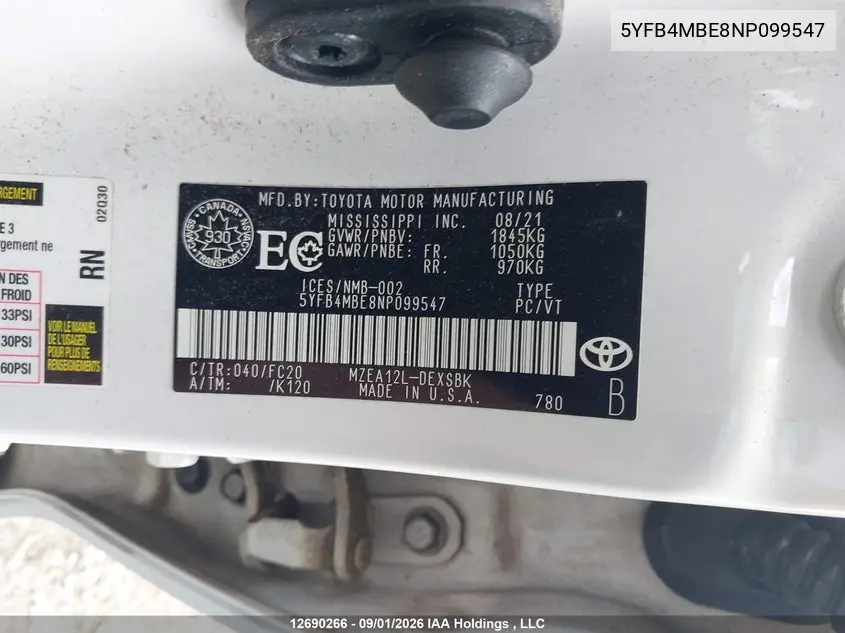 2022 TOYOTA COROLLA VIN 5YFB4MBE8NP099547 — фото 9