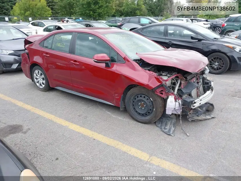 TOYOTA COROLLA 2022, VIN 5YFB4MBE0NP138602