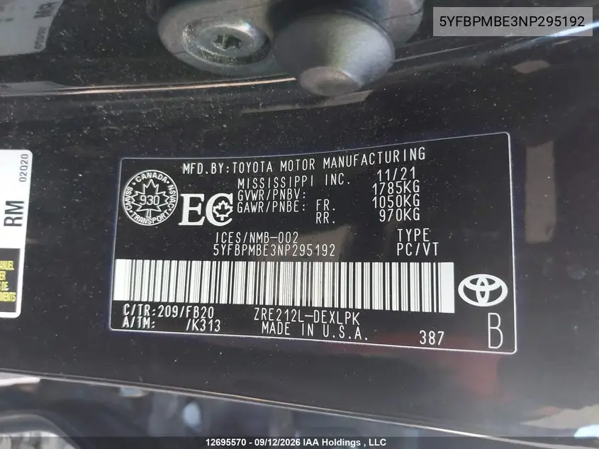 2022 TOYOTA COROLLA VIN 5YFBPMBE3NP295192 — фото 9