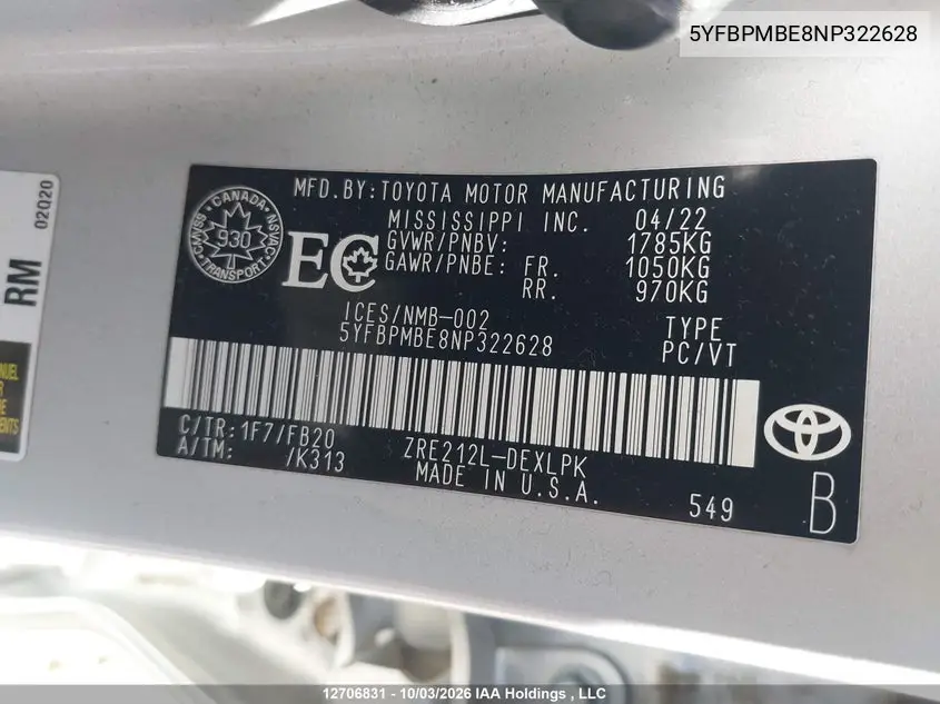 2022 TOYOTA COROLLA VIN 5YFBPMBE8NP322628 — фото 9