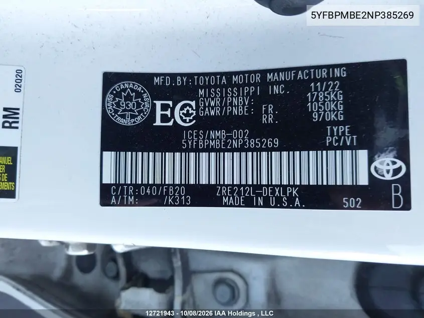 2022 TOYOTA COROLLA VIN 5YFBPMBE2NP385269 — фото 9
