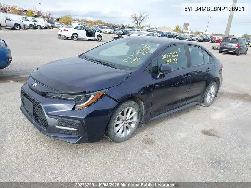 2022 TOYOTA COROLLA VIN 5YFB4MBE8NP138931 — фото 2