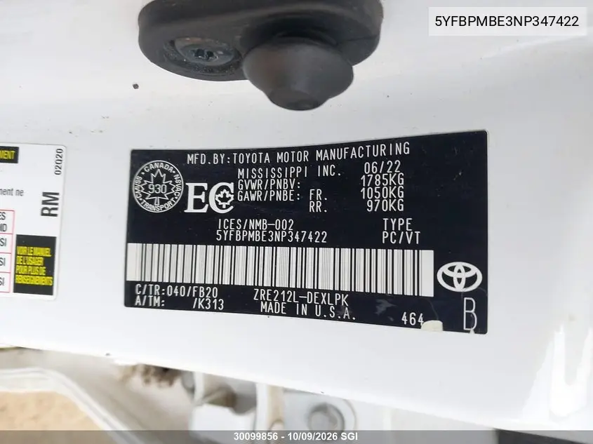2022 TOYOTA COROLLA VIN 5YFBPMBE3NP347422 — фото 9