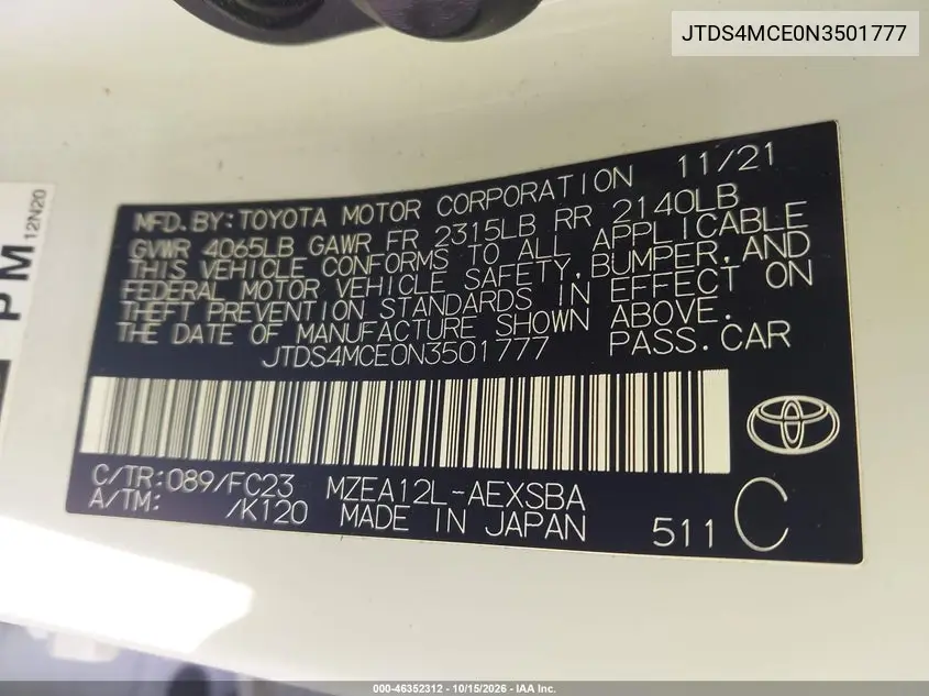 2022 TOYOTA COROLLA VIN JTDS4MCE0N3501777 — фото 9