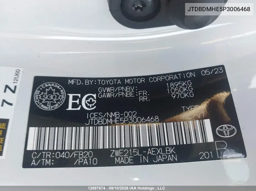 2023 TOYOTA COROLLA VIN JTDBDMHE5P3006468 — фото 9
