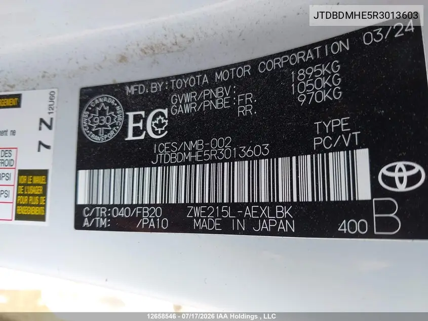 2024 TOYOTA COROLLA VIN JTDBDMHE5R3013603 — фото 9