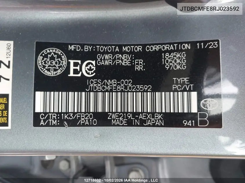 2024 TOYOTA COROLLA VIN JTDBCMFE8RJ023592 — фото 9