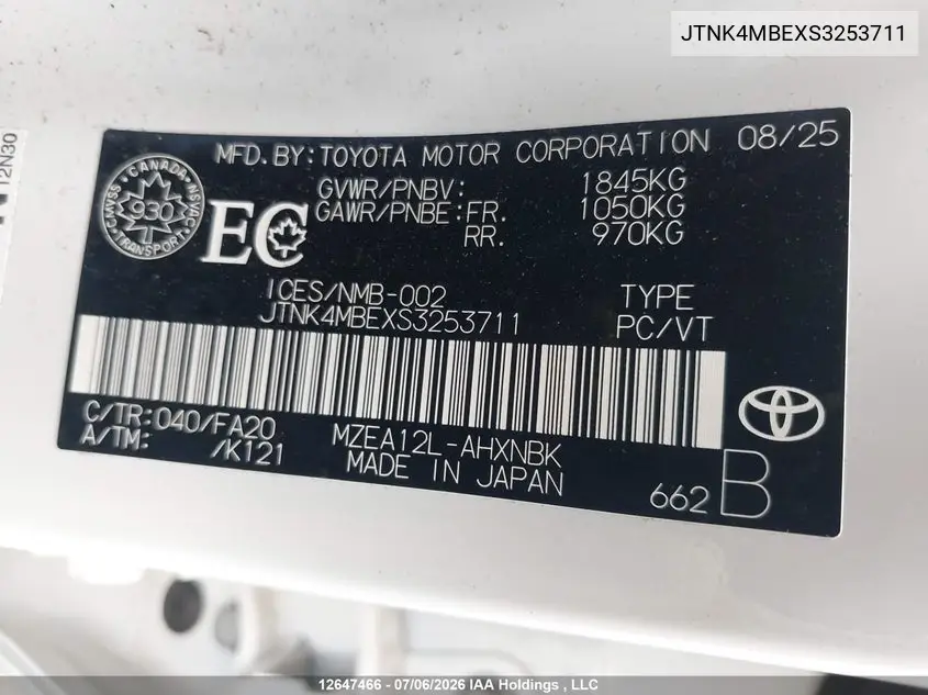 2025 TOYOTA COROLLA VIN JTNK4MBEXS3253711 — фото 9