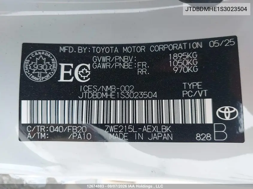 2025 TOYOTA COROLLA VIN JTDBDMHE1S3023504 — фото 21
