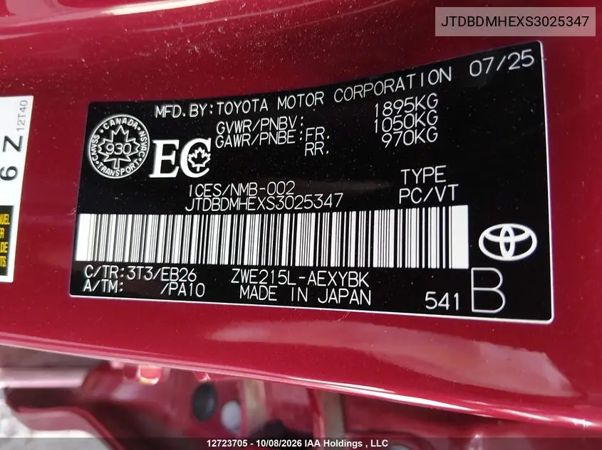 2025 TOYOTA COROLLA VIN JTDBDMHEXS3025347 — фото 9