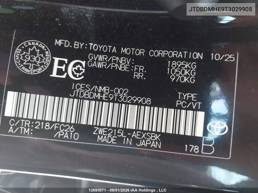 2026 TOYOTA COROLLA VIN JTDBDMHE9T3029908 — фото 9
