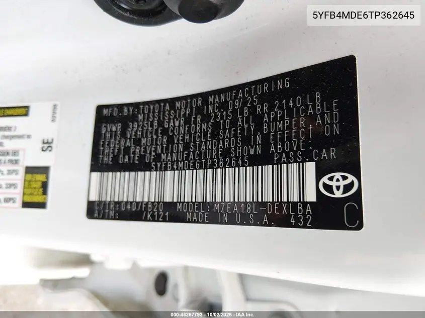 2026 TOYOTA COROLLA VIN 5YFB4MDE6TP362645 — фото 9
