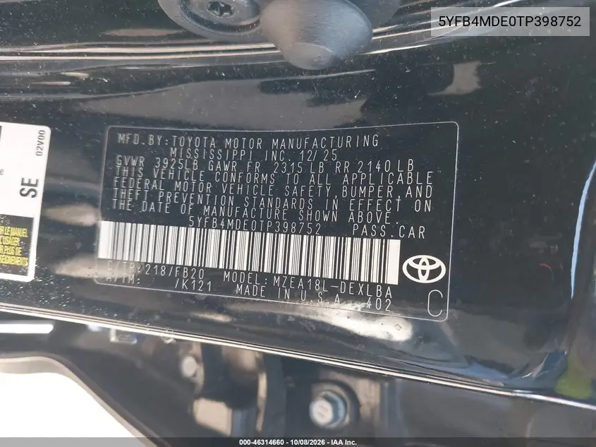 2026 TOYOTA COROLLA VIN 5YFB4MDE0TP398752 — фото 9