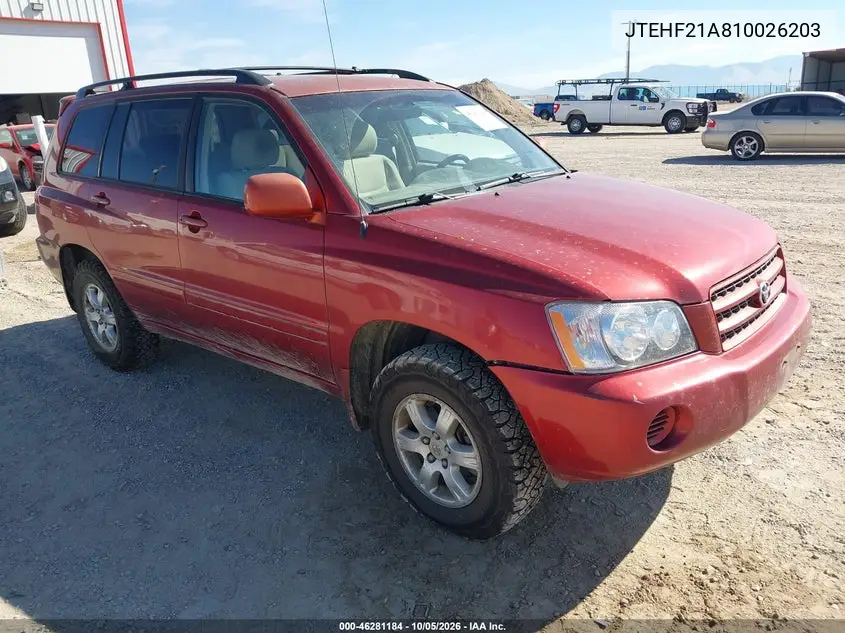 TOYOTA HIGHLANDER 2001, VIN JTEHF21A810026203