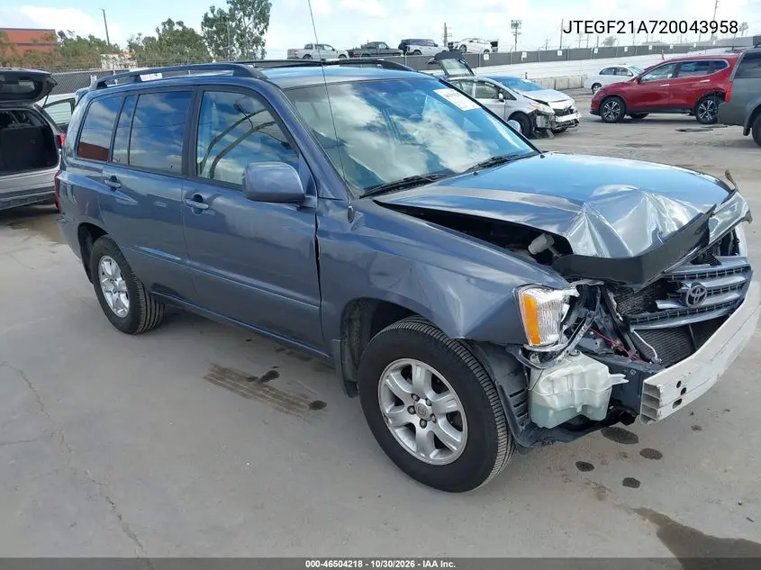 TOYOTA HIGHLANDER 2002, VIN JTEGF21A720043958