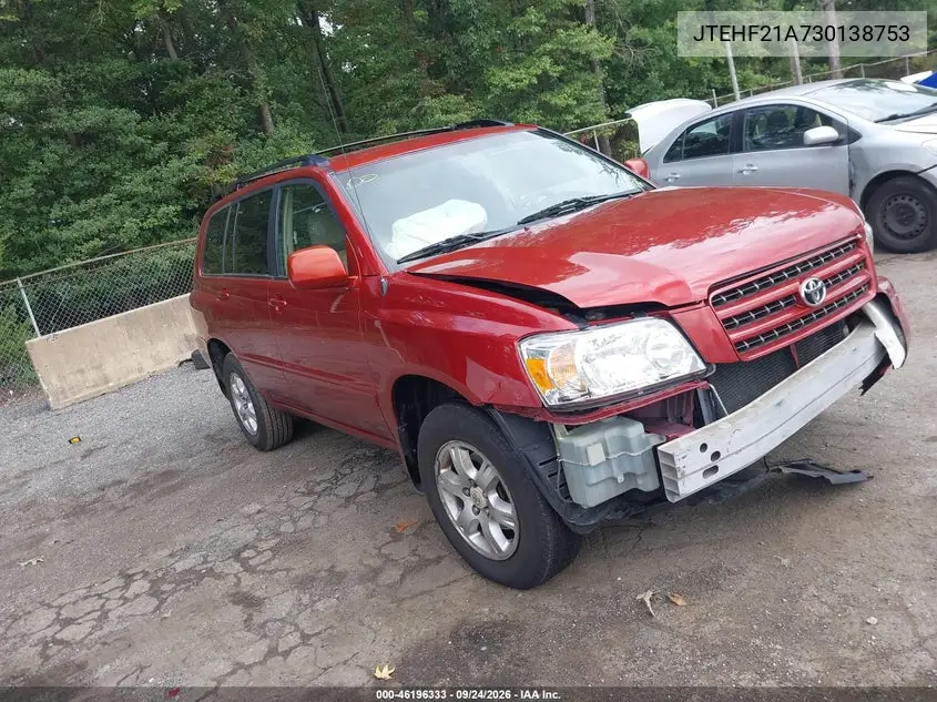 TOYOTA HIGHLANDER 2003, VIN JTEHF21A730138753