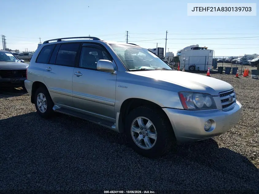 TOYOTA HIGHLANDER 2003, VIN JTEHF21A830139703