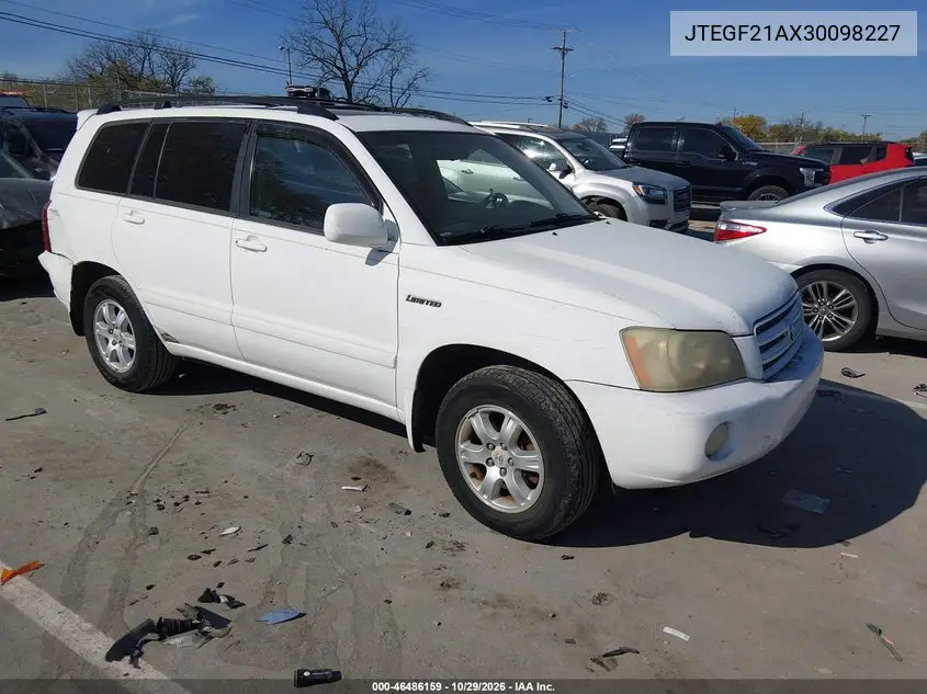 TOYOTA HIGHLANDER 2003, VIN JTEGF21AX30098227