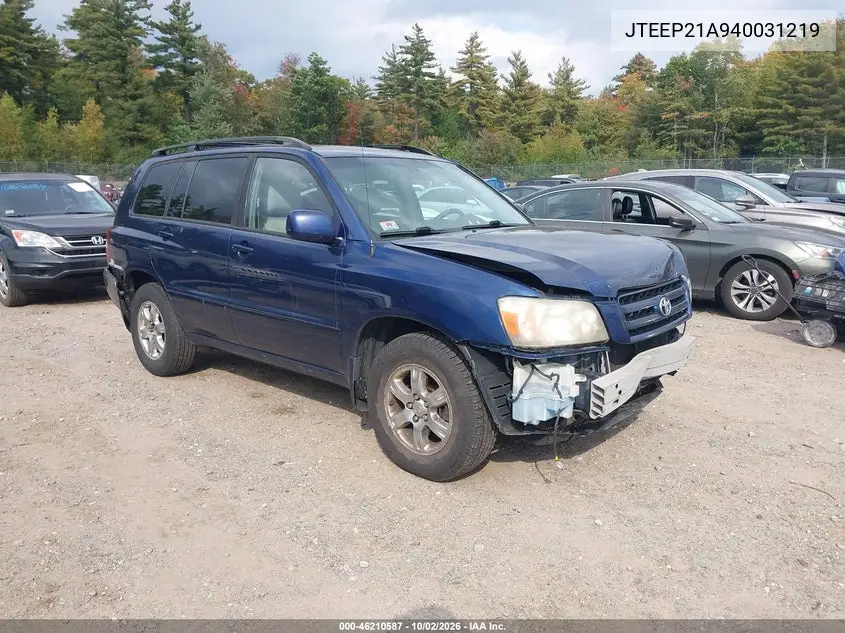 TOYOTA HIGHLANDER 2004, VIN JTEEP21A940031219