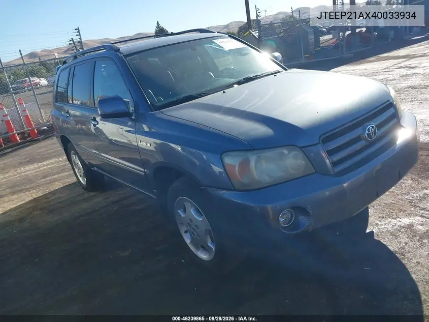 TOYOTA HIGHLANDER 2004, VIN JTEEP21AX40033934