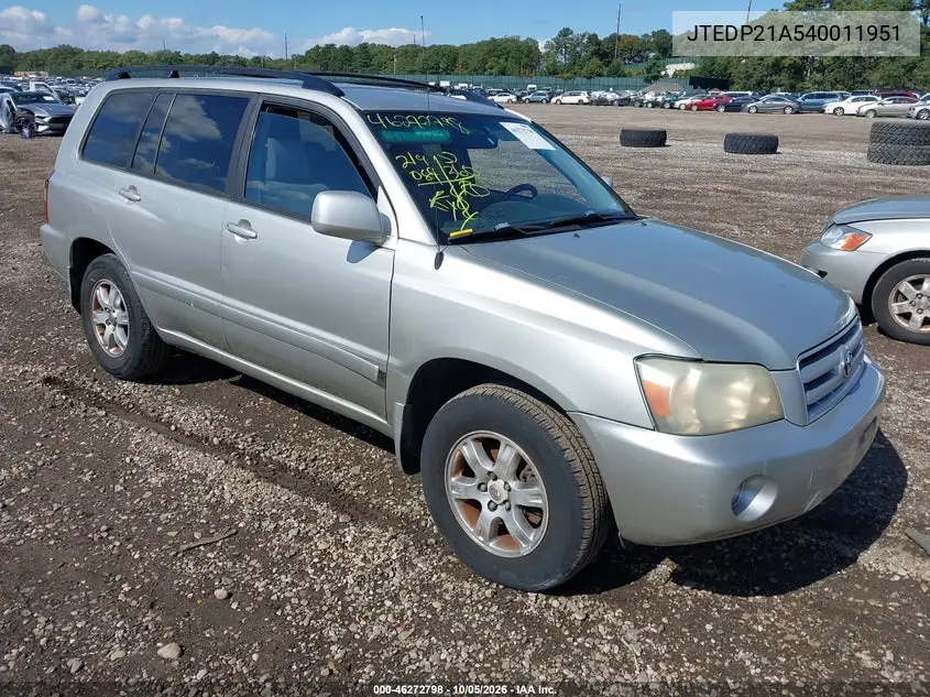 TOYOTA HIGHLANDER 2004, VIN JTEDP21A540011951