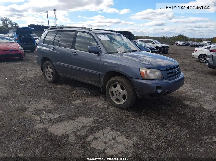 TOYOTA HIGHLANDER 2004, VIN JTEEP21A240046144